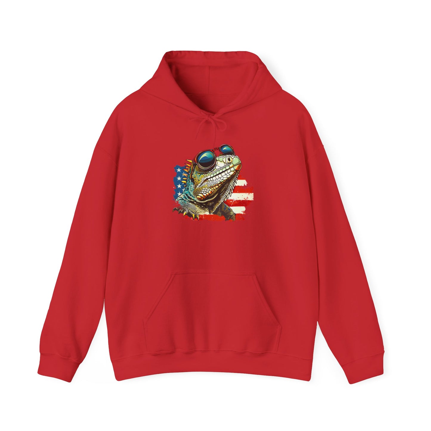 Flag Iguana Face Cozy Unisex Hooded Sweatshirt with Bold Print - Great for Reptile Lovers