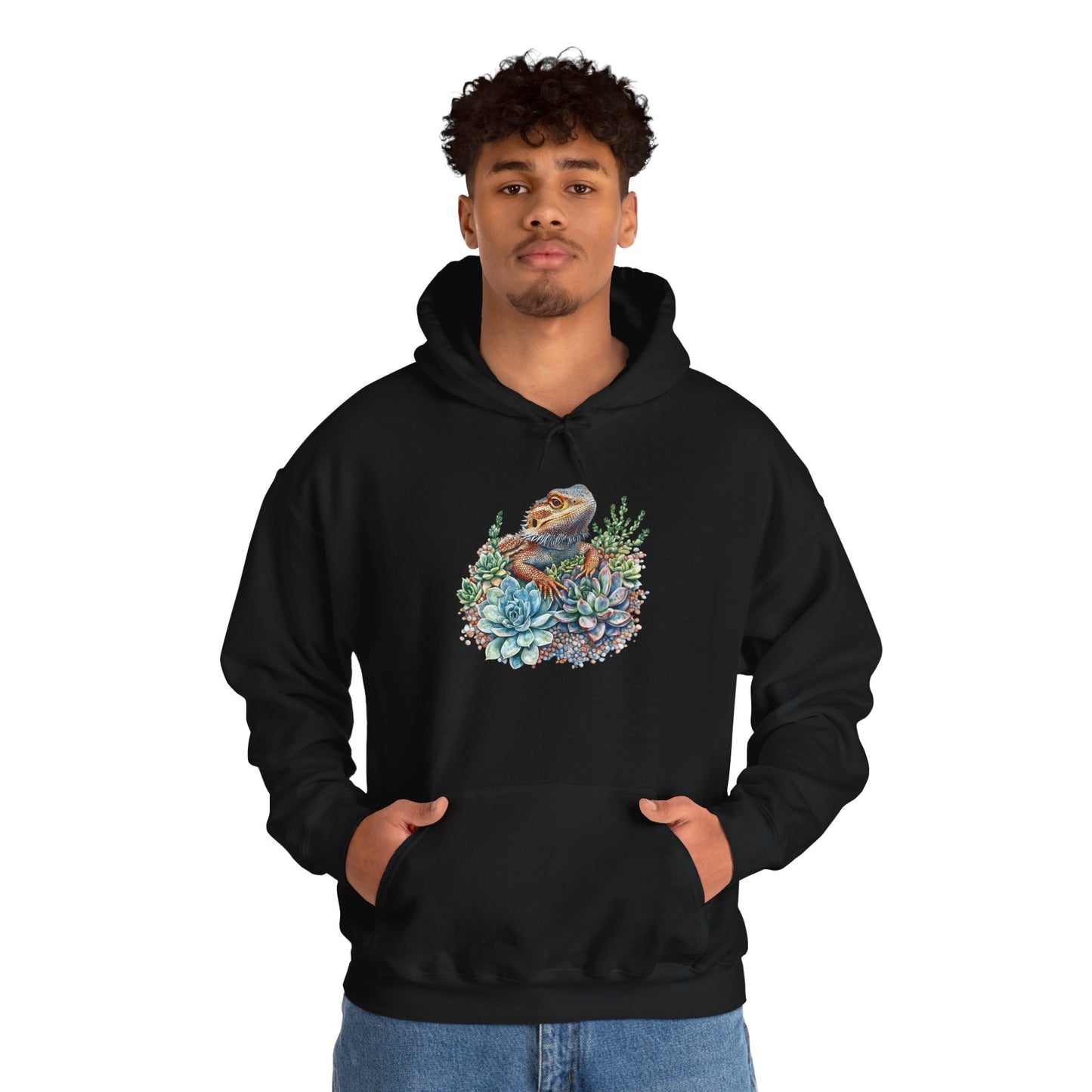 Beardie in the Succulents Unisex Hooded Sweatshirt with Bold Print - Great for Reptile Lovers