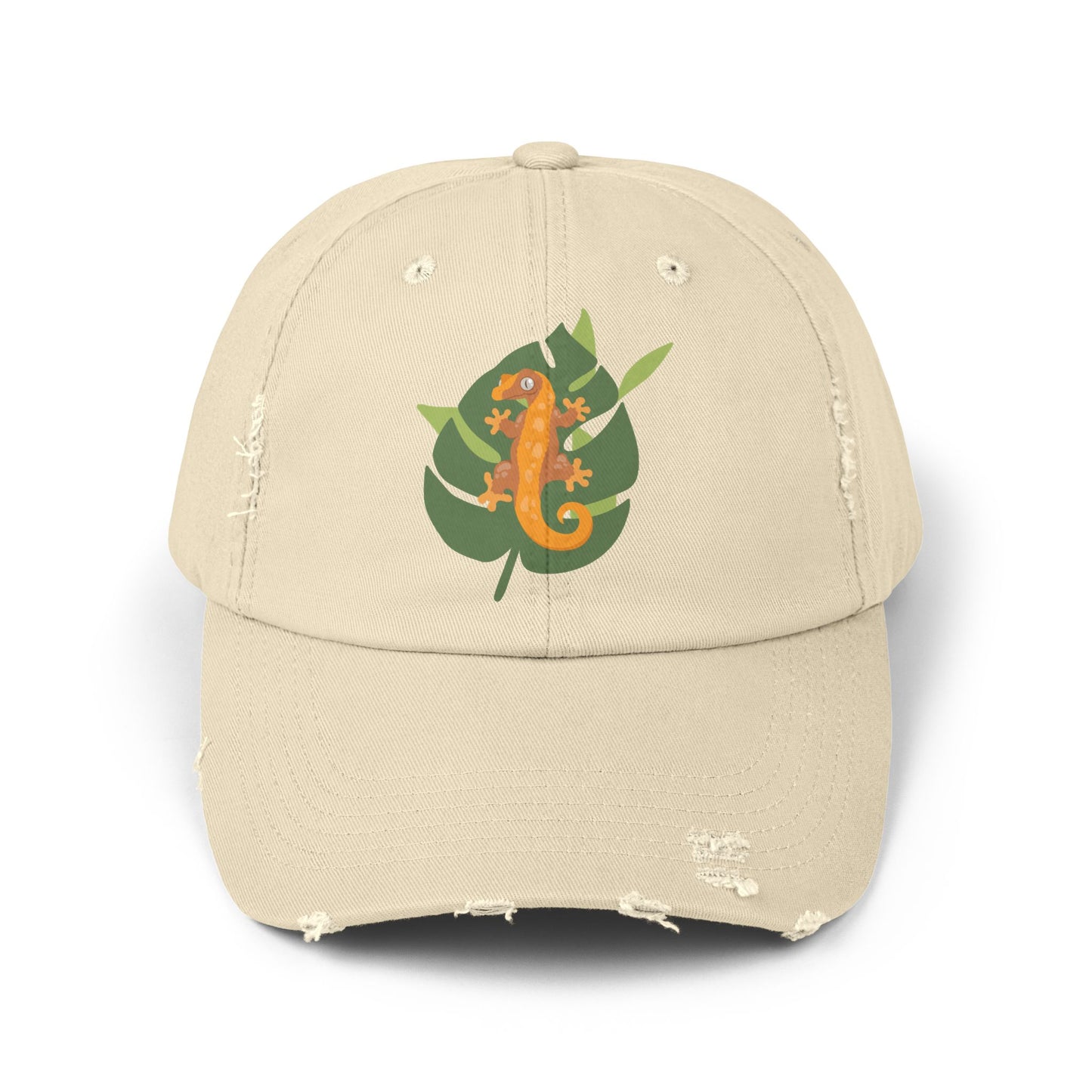 Crestie on a Leaf Unisex Distressed Cap - Casual Streetwear Hat for Everyday Use - Great for Reptile Lovers