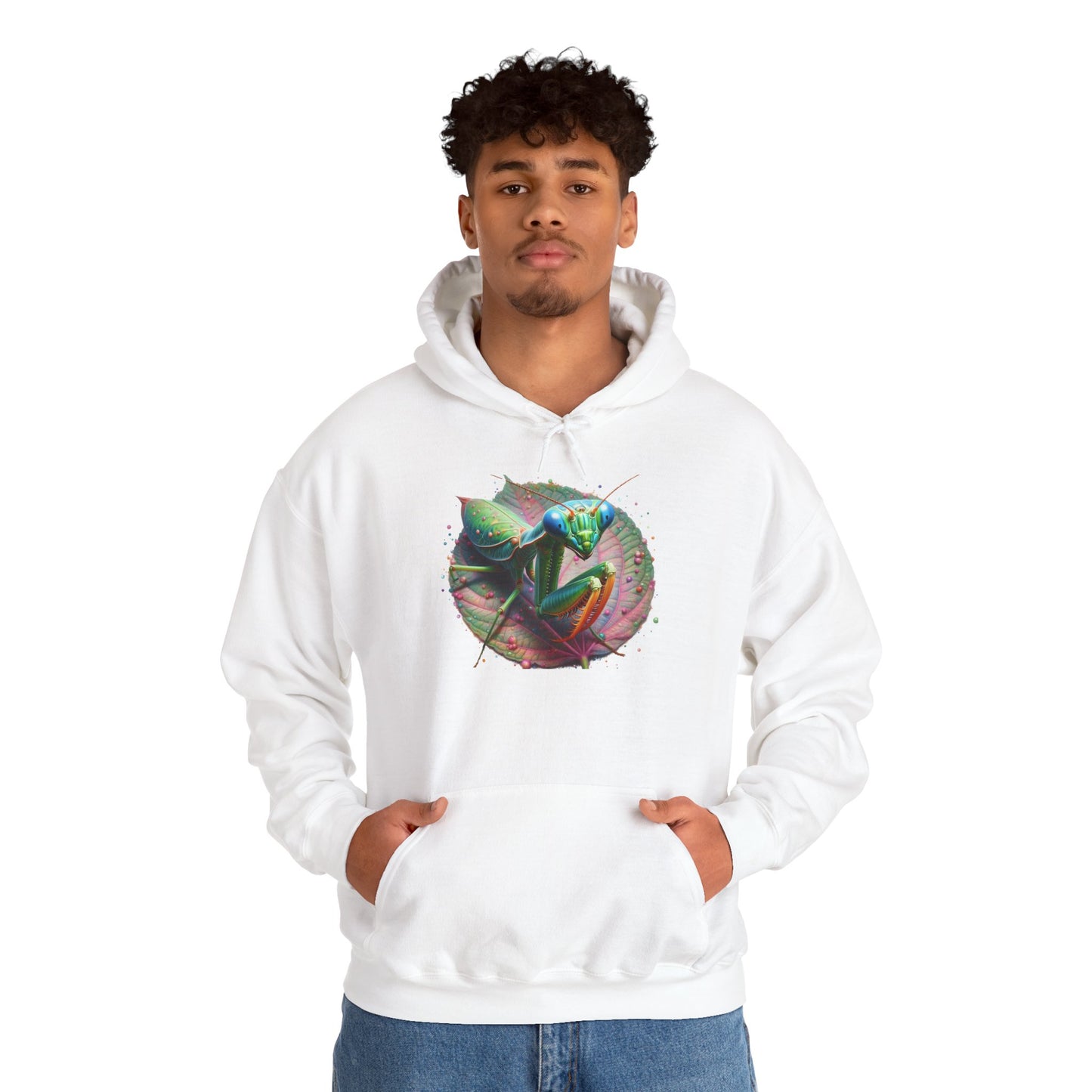 Mantis on a Leaf Unisex Hooded Sweatshirt with Bold Print - Great for Insect Lovers