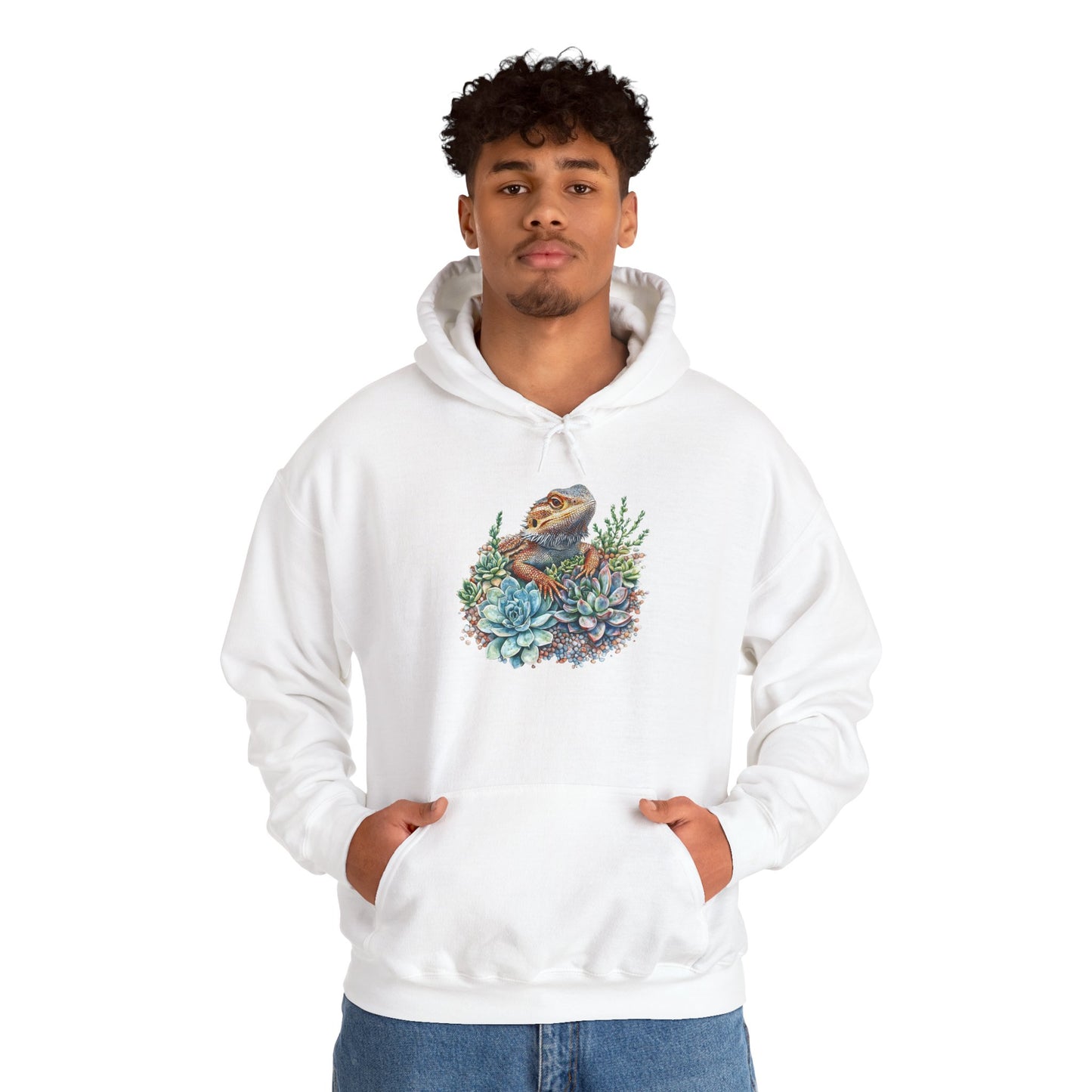 Beardie in the Succulents Unisex Hooded Sweatshirt with Bold Print - Great for Reptile Lovers
