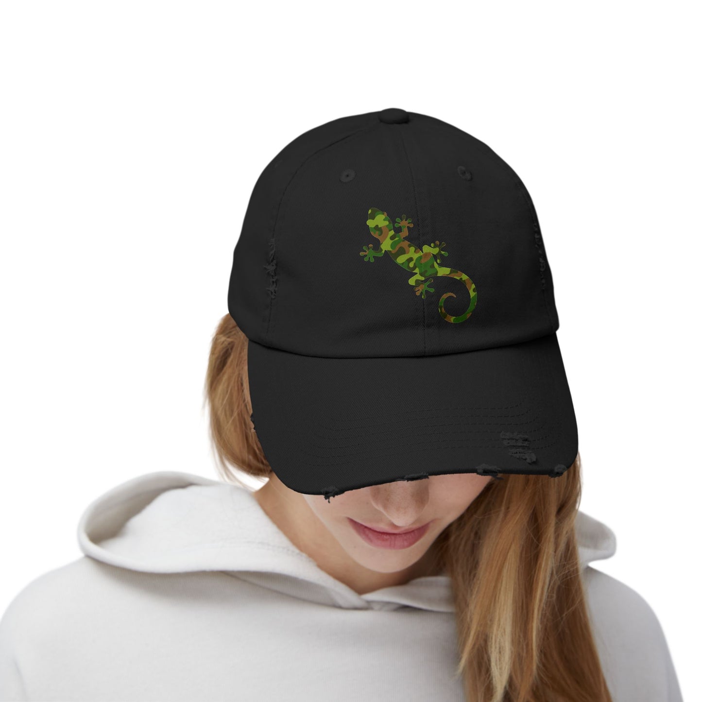 Camo Gecko Unisex Distressed Cap - Casual Streetwear Hat for Everyday Use - Great for Reptile Lovers