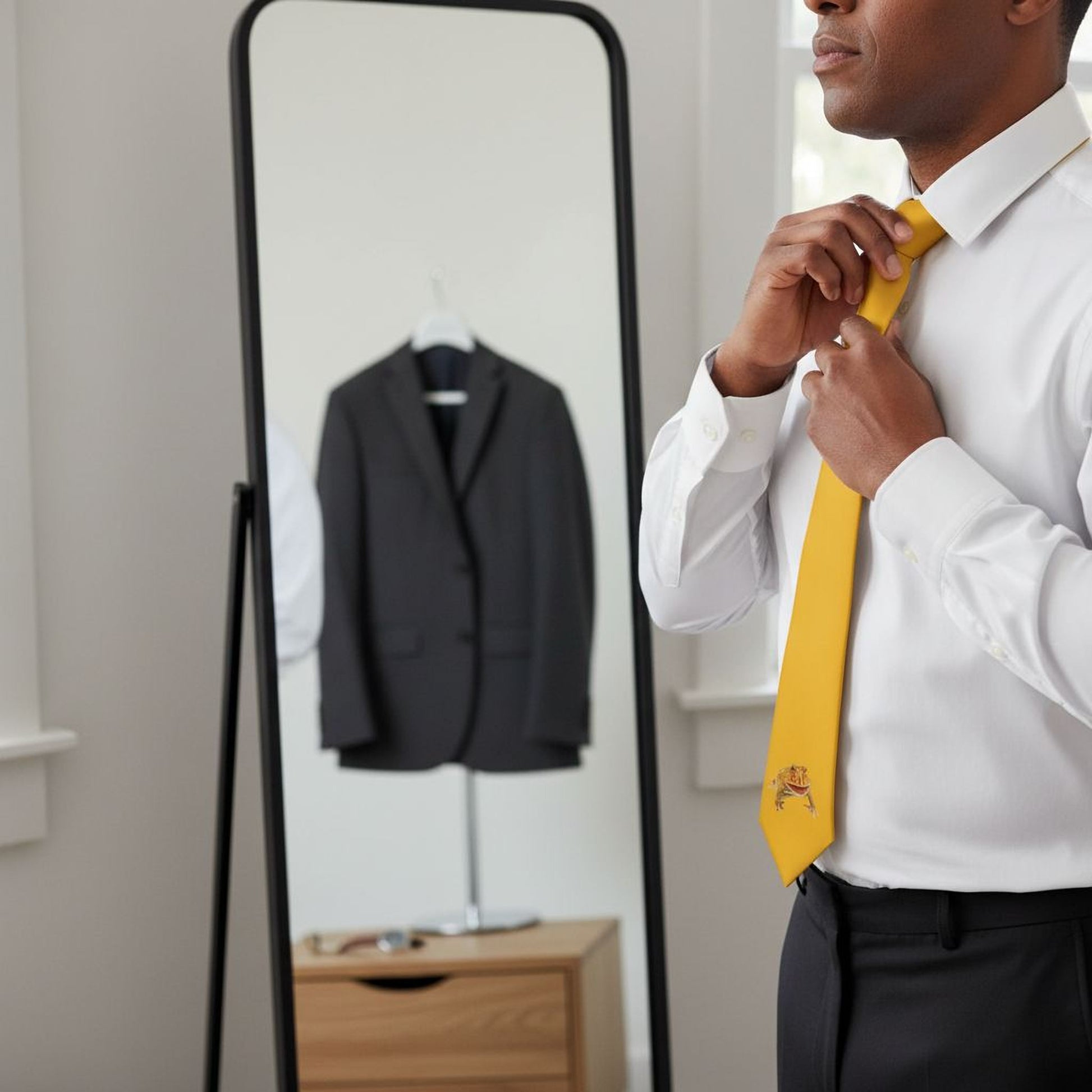 A man in a white shirt and yellow tie is adjusting his tie in front of a mirror, with a black coat and a wooden dresser visible in the background.