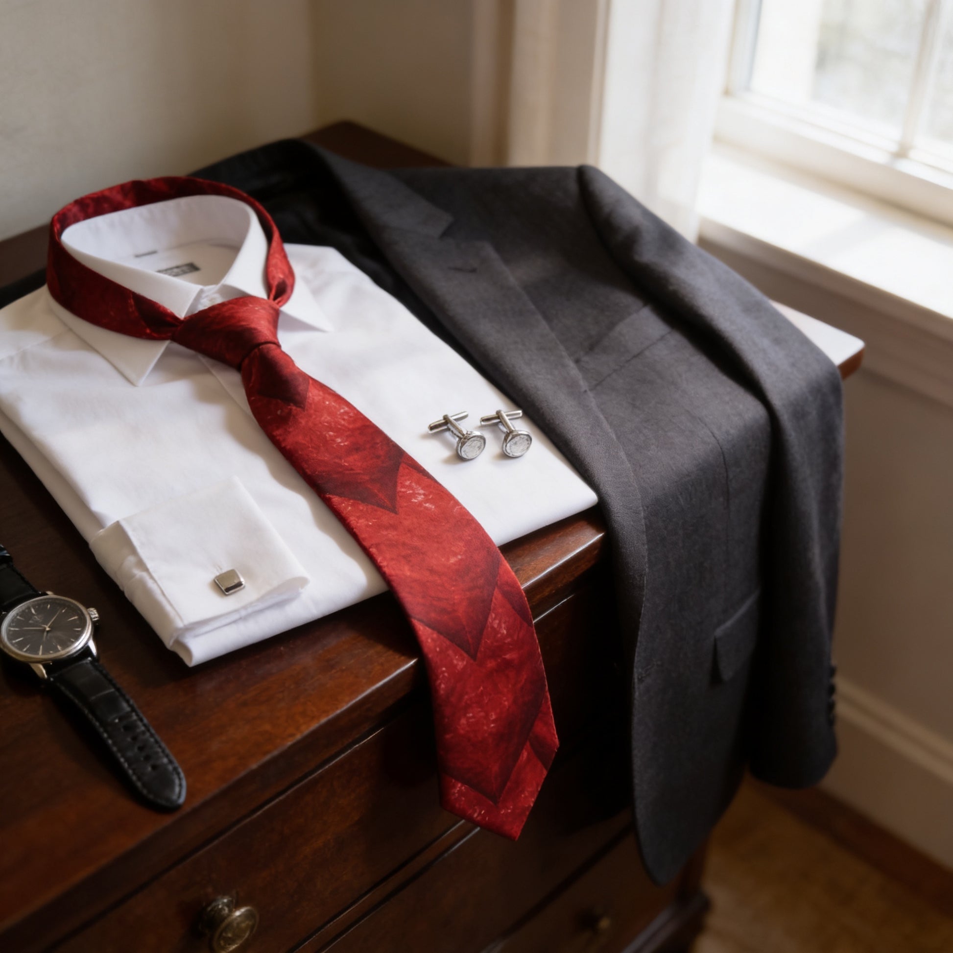A neatly arranged outfit consisting of a white dress shirt, a red tie, a gray suit jacket, and silver cufflinks is displayed on a wooden dresser.