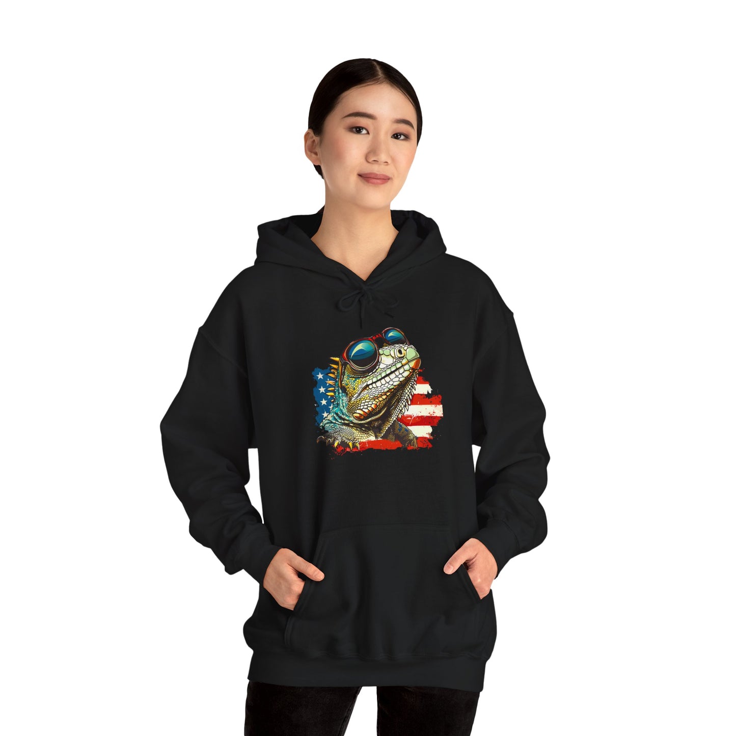 Flag Iguana Face Cozy Unisex Hooded Sweatshirt with Bold Print - Great for Reptile Lovers