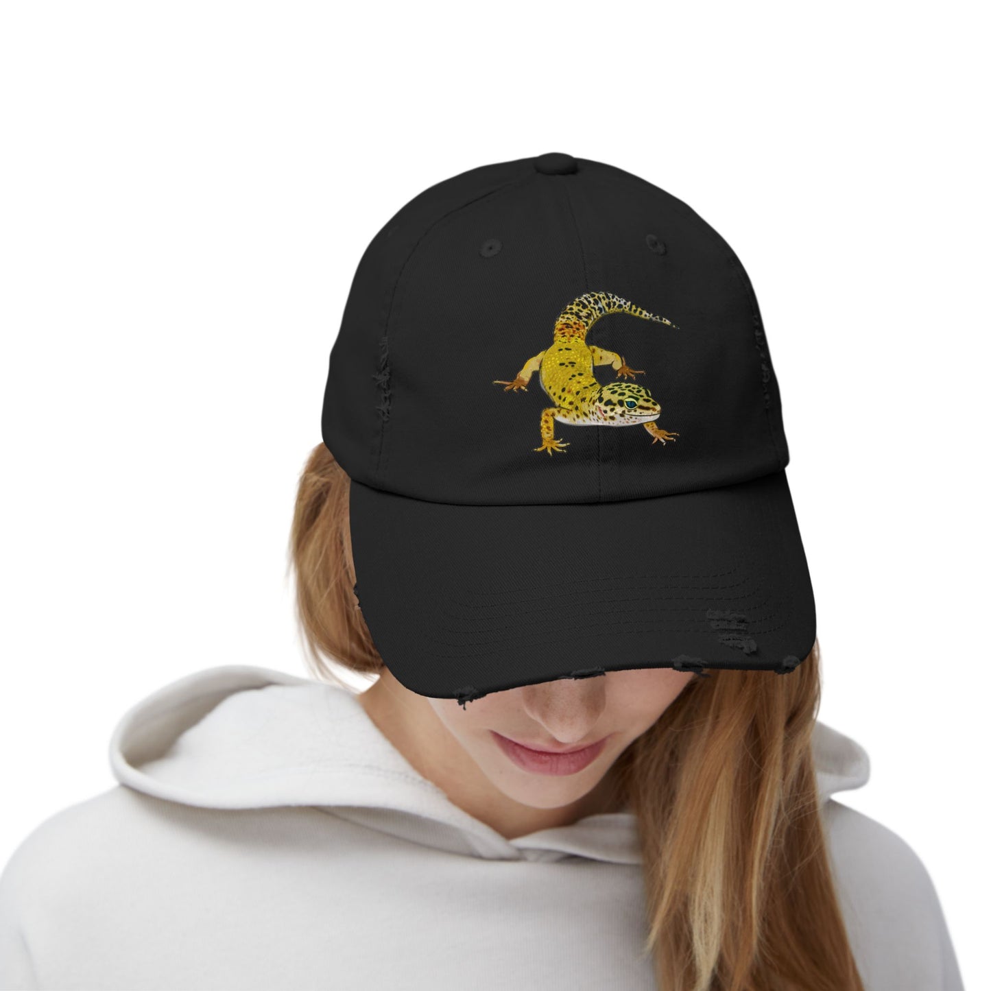 Yellow Leopard Gecko Unisex Distressed Cap - Casual Streetwear Hat for Everyday Use - Great for Reptile Lovers