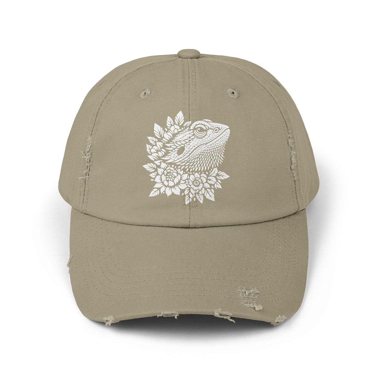A beige baseball cap with a white graphic of a bearded dragon on the front.
