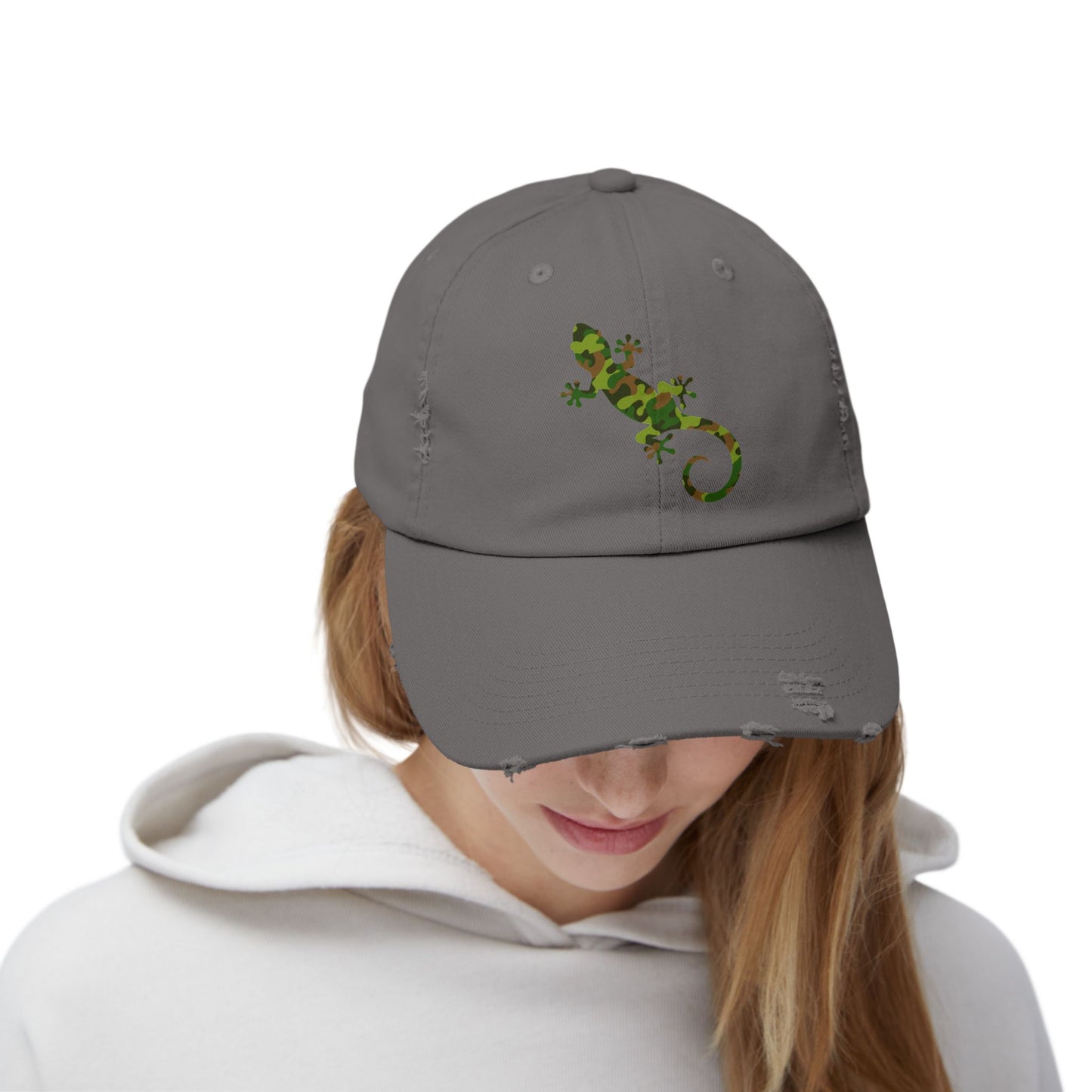 Camo Gecko Unisex Distressed Cap - Casual Streetwear Hat for Everyday Use - Great for Reptile Lovers