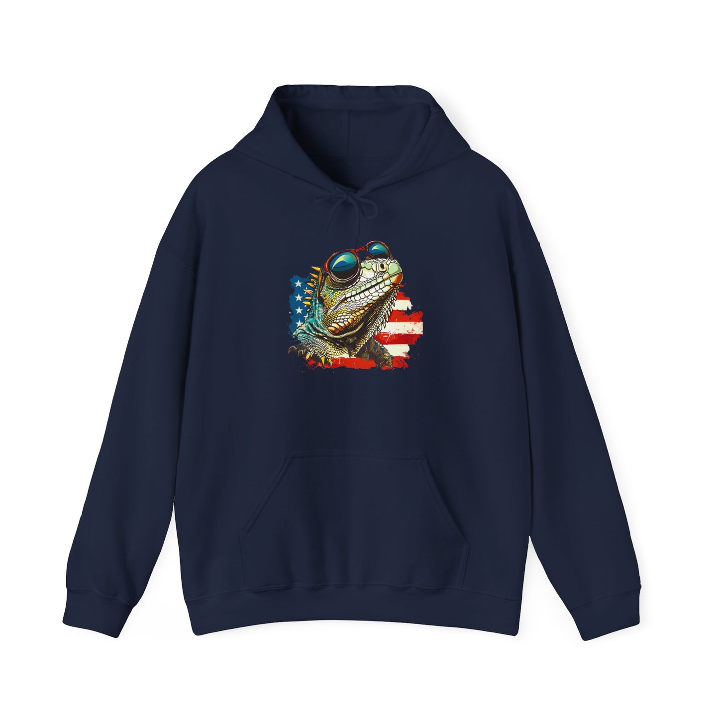 Flag Iguana Face Cozy Unisex Hooded Sweatshirt with Bold Print - Great for Reptile Lovers
