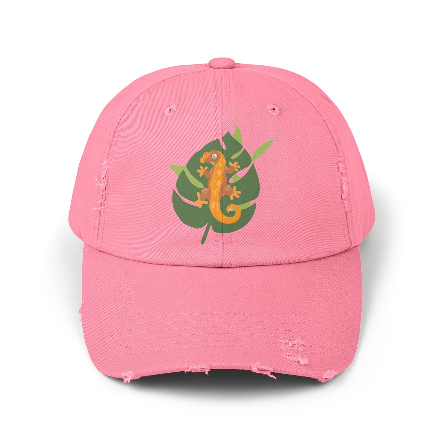 Crestie on a Leaf Unisex Distressed Cap - Casual Streetwear Hat for Everyday Use - Great for Reptile Lovers