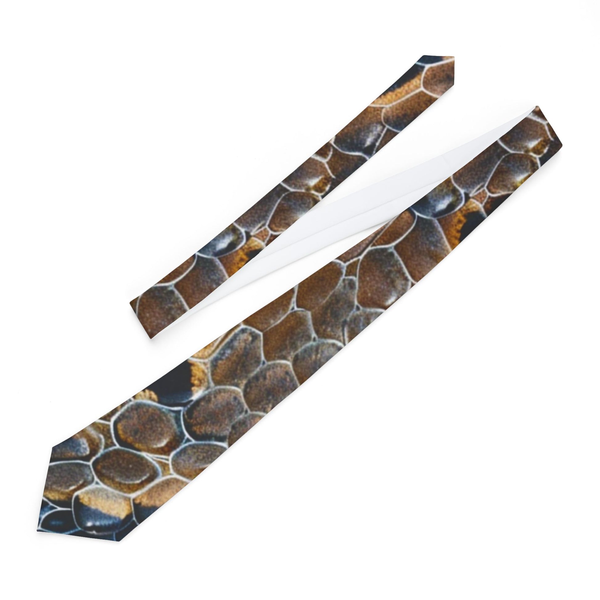 a tie with a unique pattern of hexagonal shapes in shades of brown and black.