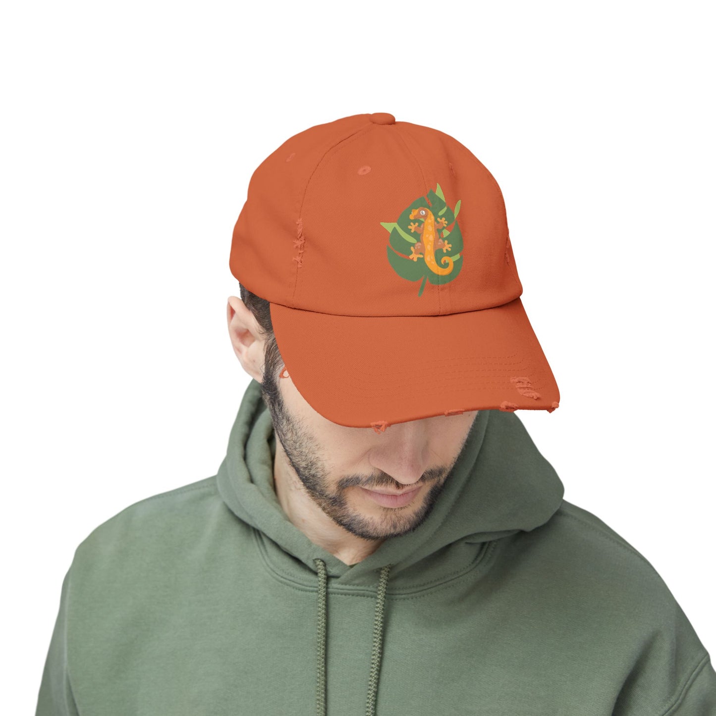 Crestie on a Leaf Unisex Distressed Cap - Casual Streetwear Hat for Everyday Use - Great for Reptile Lovers