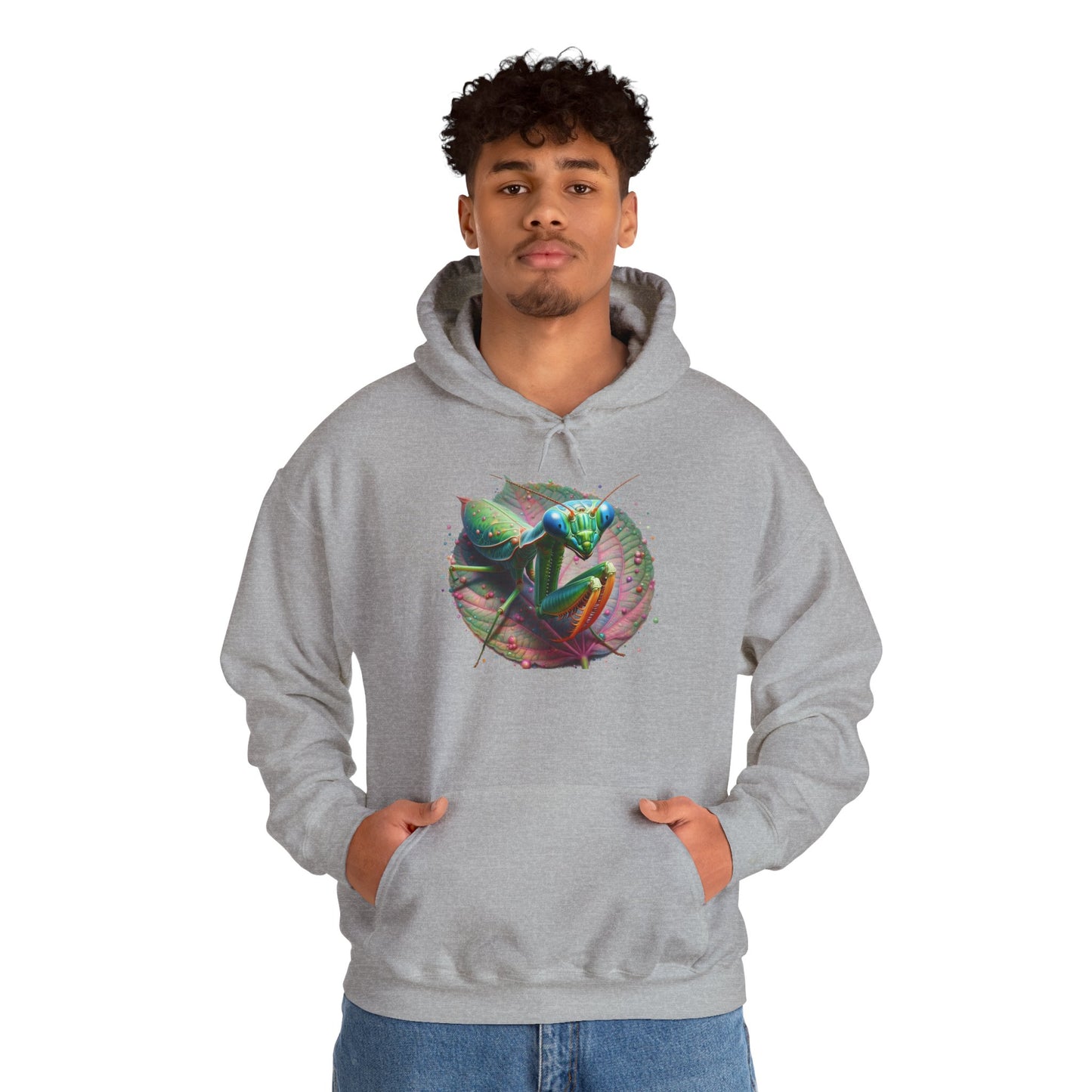 Mantis on a Leaf Unisex Hooded Sweatshirt with Bold Print - Great for Insect Lovers