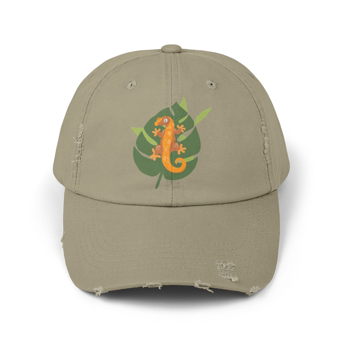 Crestie on a Leaf Unisex Distressed Cap - Casual Streetwear Hat for Everyday Use - Great for Reptile Lovers