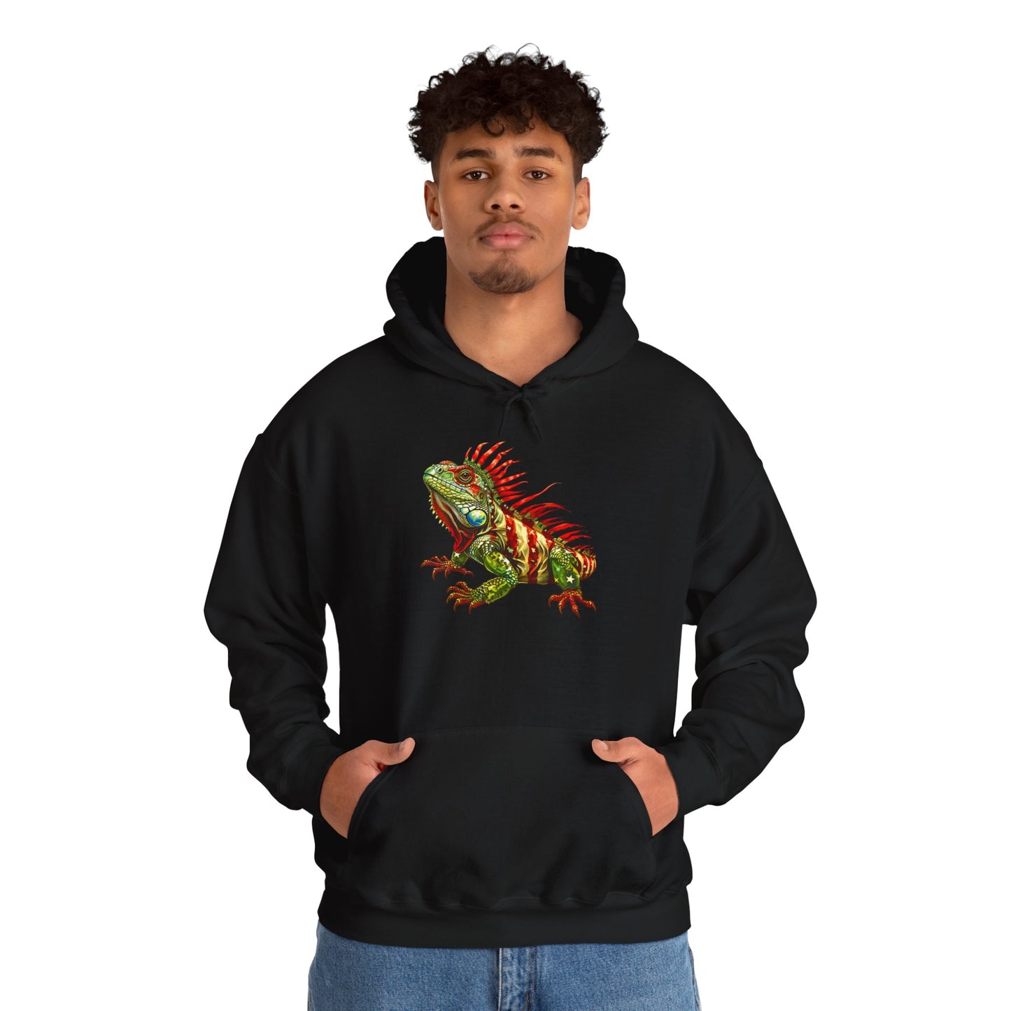 Flag Iguana Cozy Unisex Hooded Sweatshirt with Bold Print - Great for Reptile Lovers