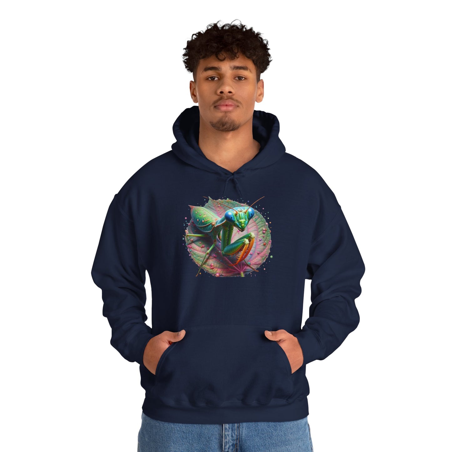 Mantis on a Leaf Unisex Hooded Sweatshirt with Bold Print - Great for Insect Lovers