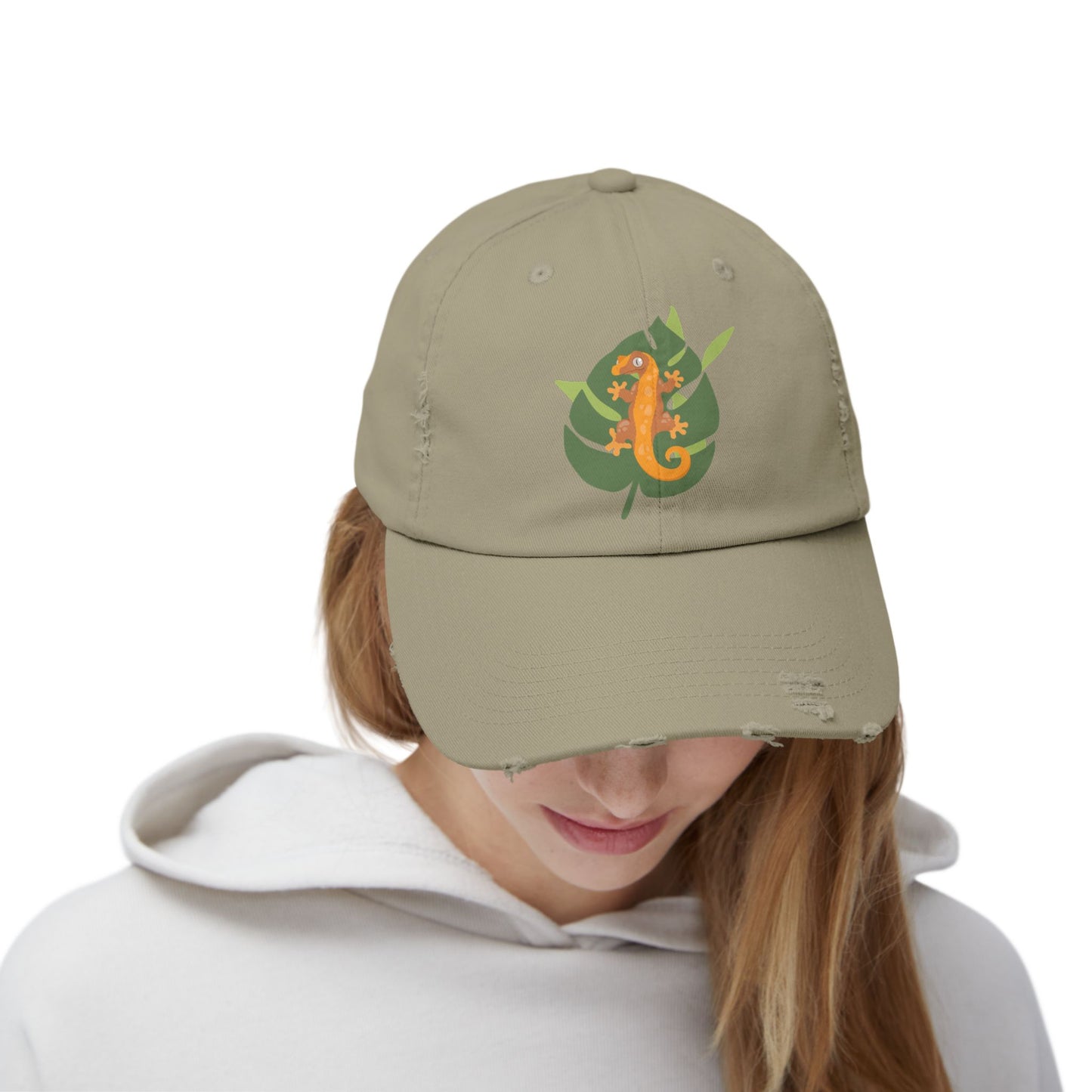 Crestie on a Leaf Unisex Distressed Cap - Casual Streetwear Hat for Everyday Use - Great for Reptile Lovers
