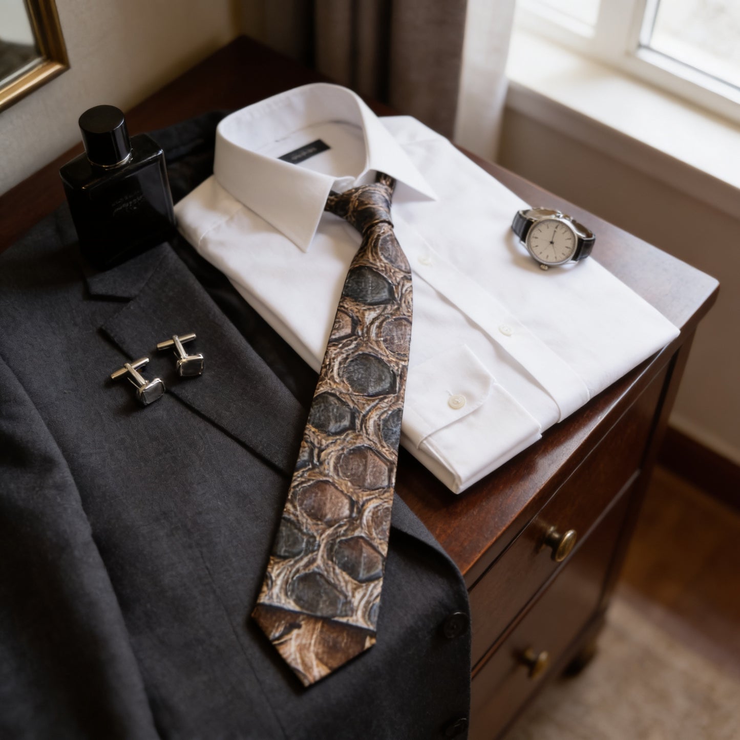 A well-organized collection of formal attire, including a white dress shirt, a patterned tie, a black jacket, and a pair of cufflinks, is neatly arranged on a wooden dresser.
