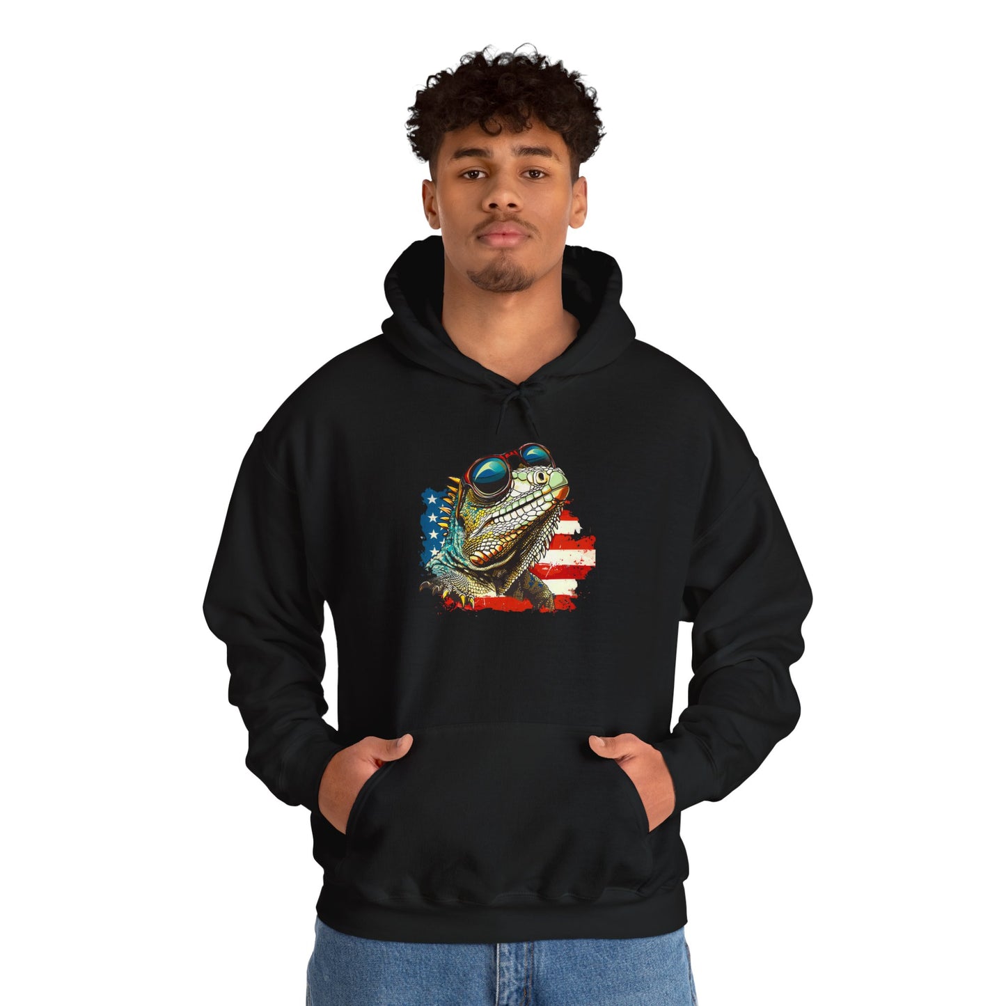 Flag Iguana Face Cozy Unisex Hooded Sweatshirt with Bold Print - Great for Reptile Lovers