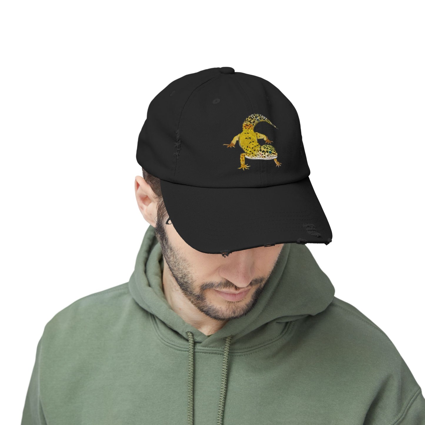 Yellow Leopard Gecko Unisex Distressed Cap - Casual Streetwear Hat for Everyday Use - Great for Reptile Lovers