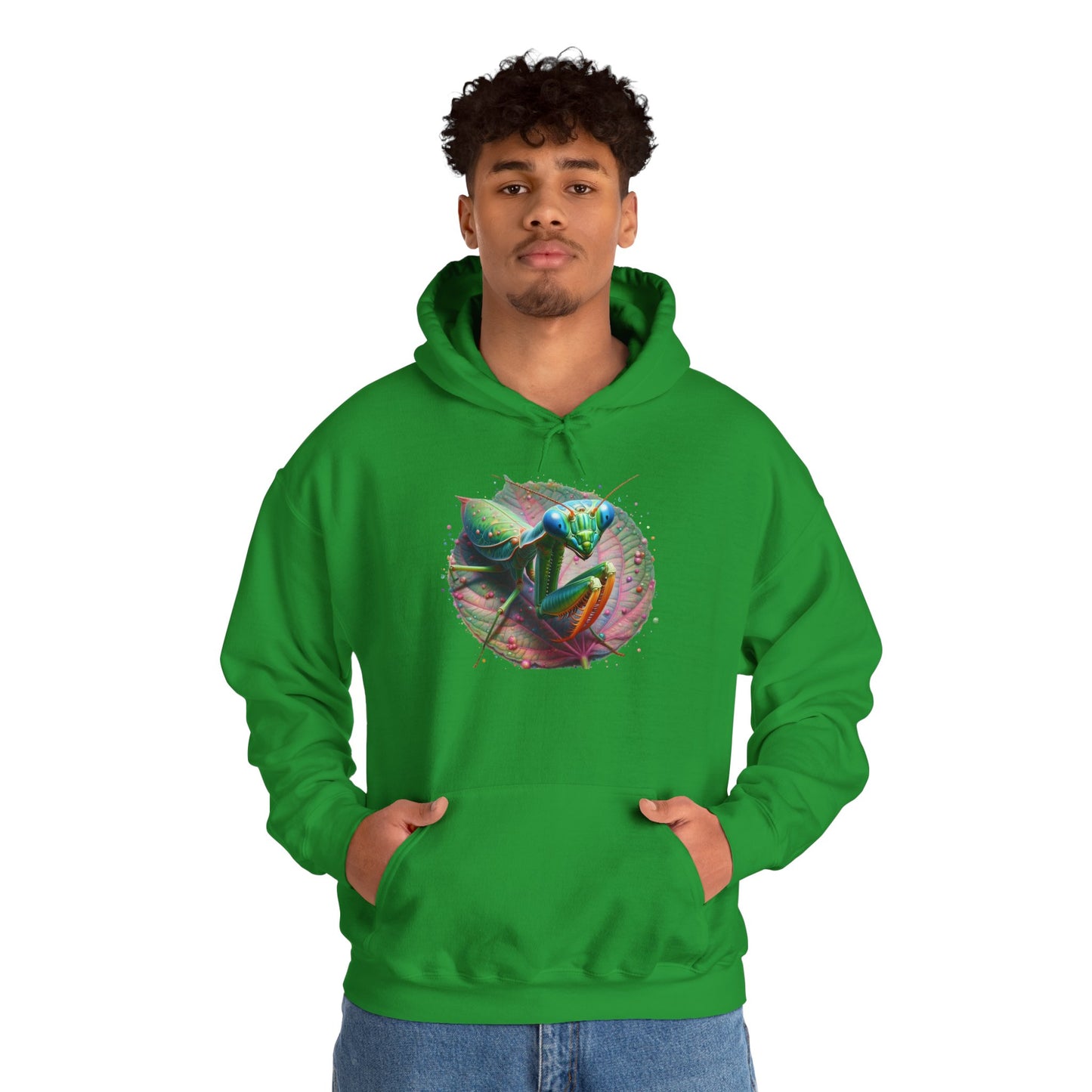 Mantis on a Leaf Unisex Hooded Sweatshirt with Bold Print - Great for Insect Lovers