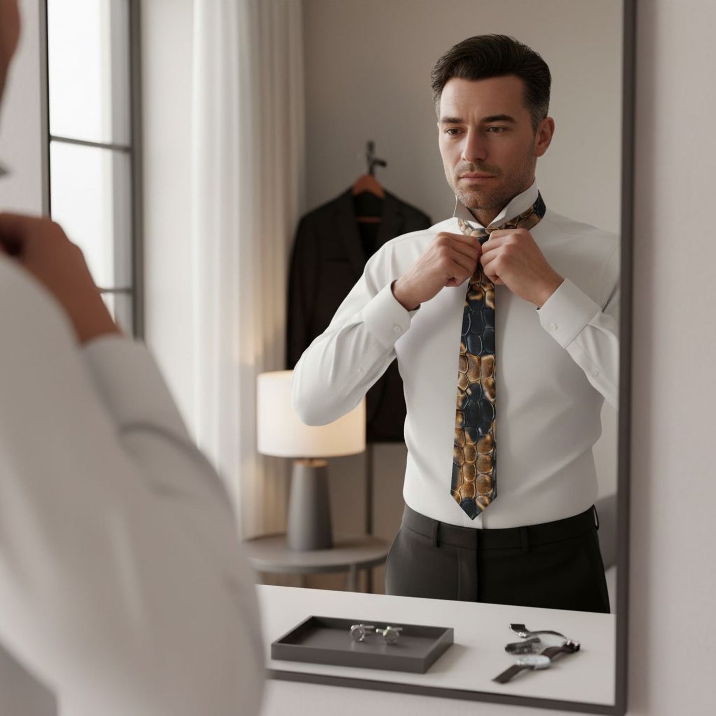 A man in a white shirt and patterned tie is adjusting his tie in front of a mirror, with a lamp and coat rack visible in the background.