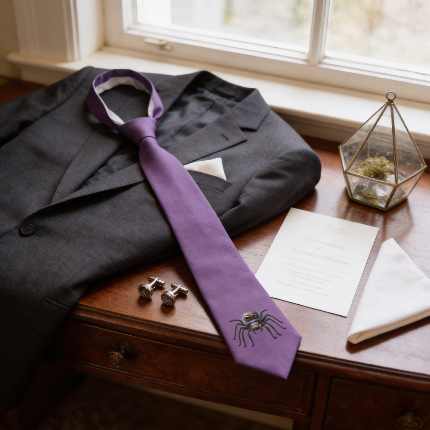 a collection of formal attire and accessories, including a dark suit jacket, a purple tie with a spider design, and a pair of silver cufflinks. The items are arranged on a wooden surface, possibly a desk or table, with a window in the background.
