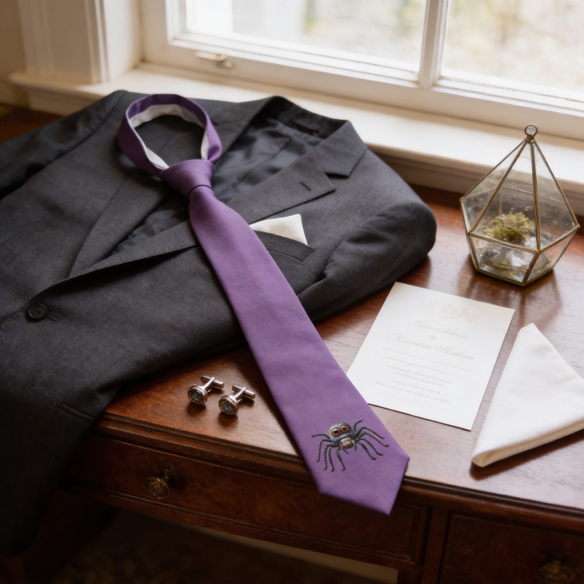 a collection of formal attire and accessories, including a dark suit jacket, a purple tie with a spider design, and a pair of silver cufflinks. The items are arranged on a wooden surface, possibly a desk or table, with a window in the background.
