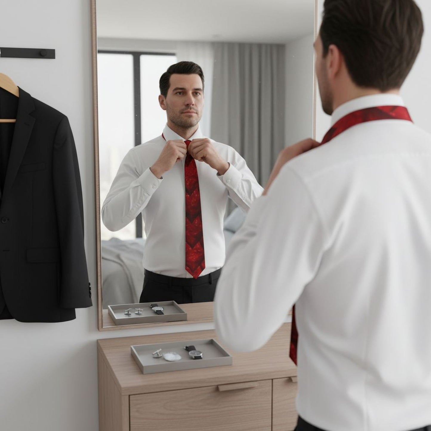 A man in a white shirt and red tie is adjusting his tie in front of a mirror, with a black jacket hanging on a hanger nearby.