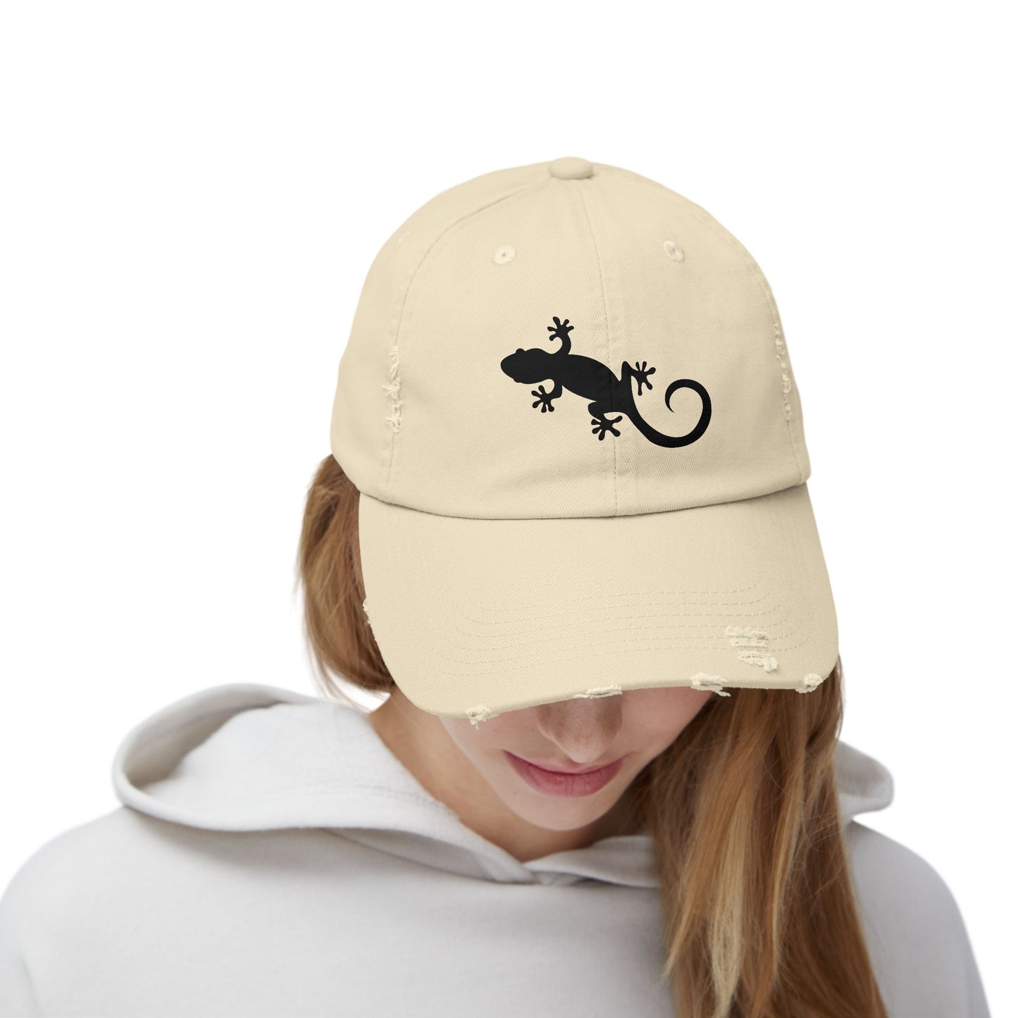 Gecko Silhouette Unisex Distressed Cap - Casual Streetwear Hat for Everyday Use - Great for Reptile Lovers