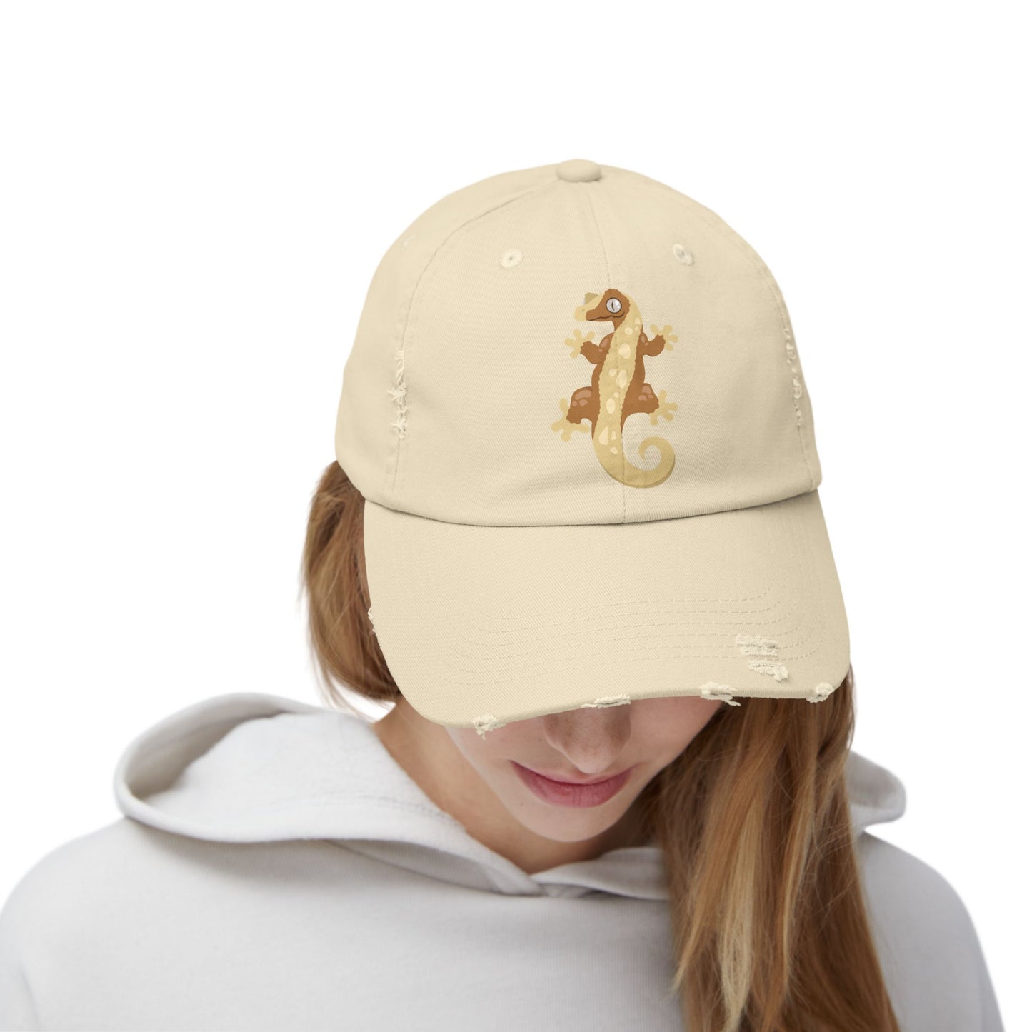 Crested Gecko Unisex Distressed Cap - Casual Streetwear Hat for Everyday Use - Great for Reptile Lovers