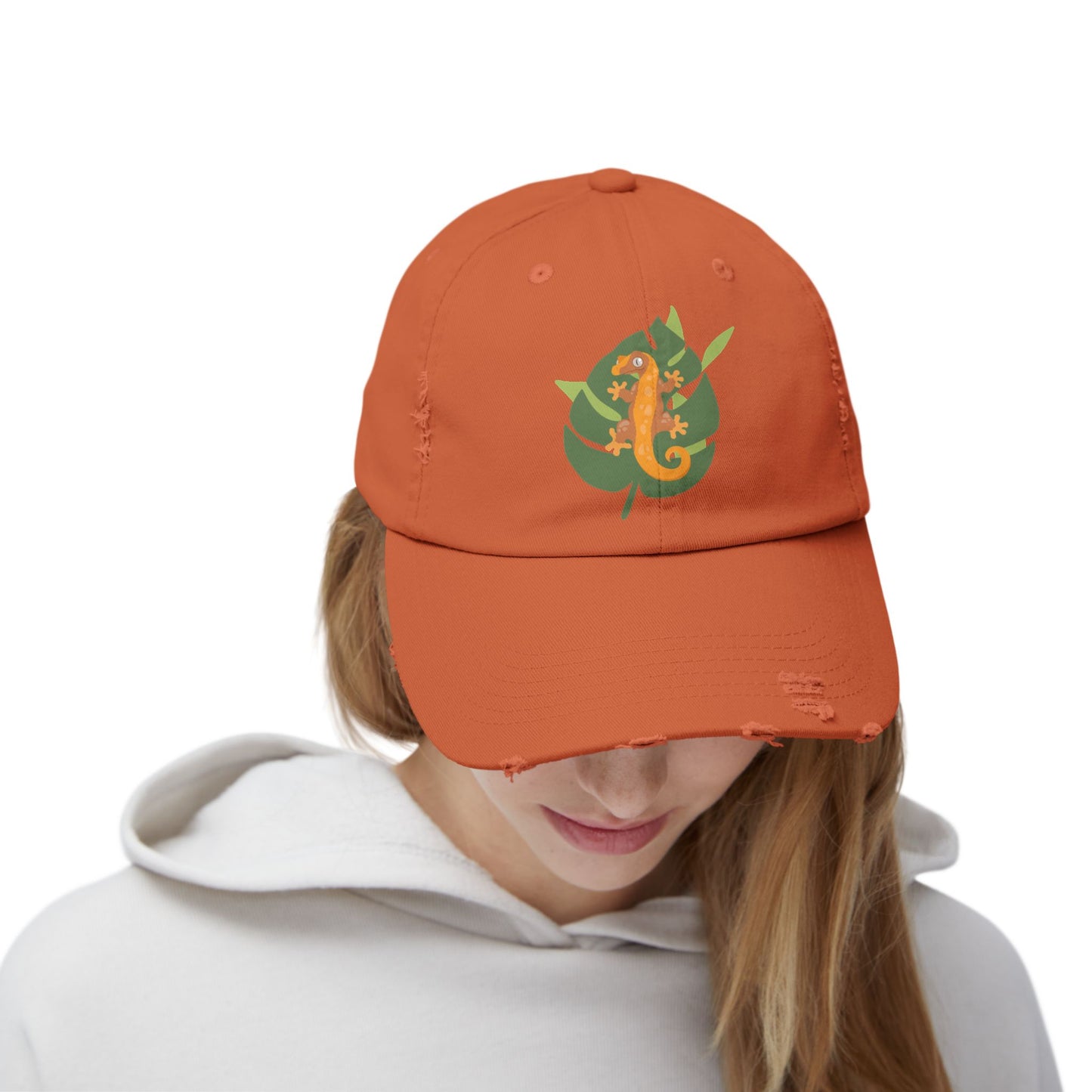 Crestie on a Leaf Unisex Distressed Cap - Casual Streetwear Hat for Everyday Use - Great for Reptile Lovers