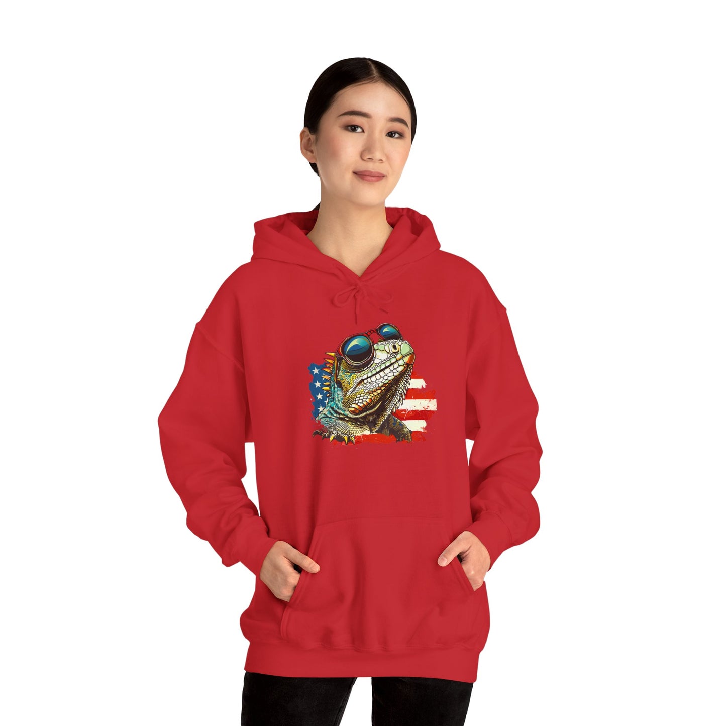 Flag Iguana Face Cozy Unisex Hooded Sweatshirt with Bold Print - Great for Reptile Lovers