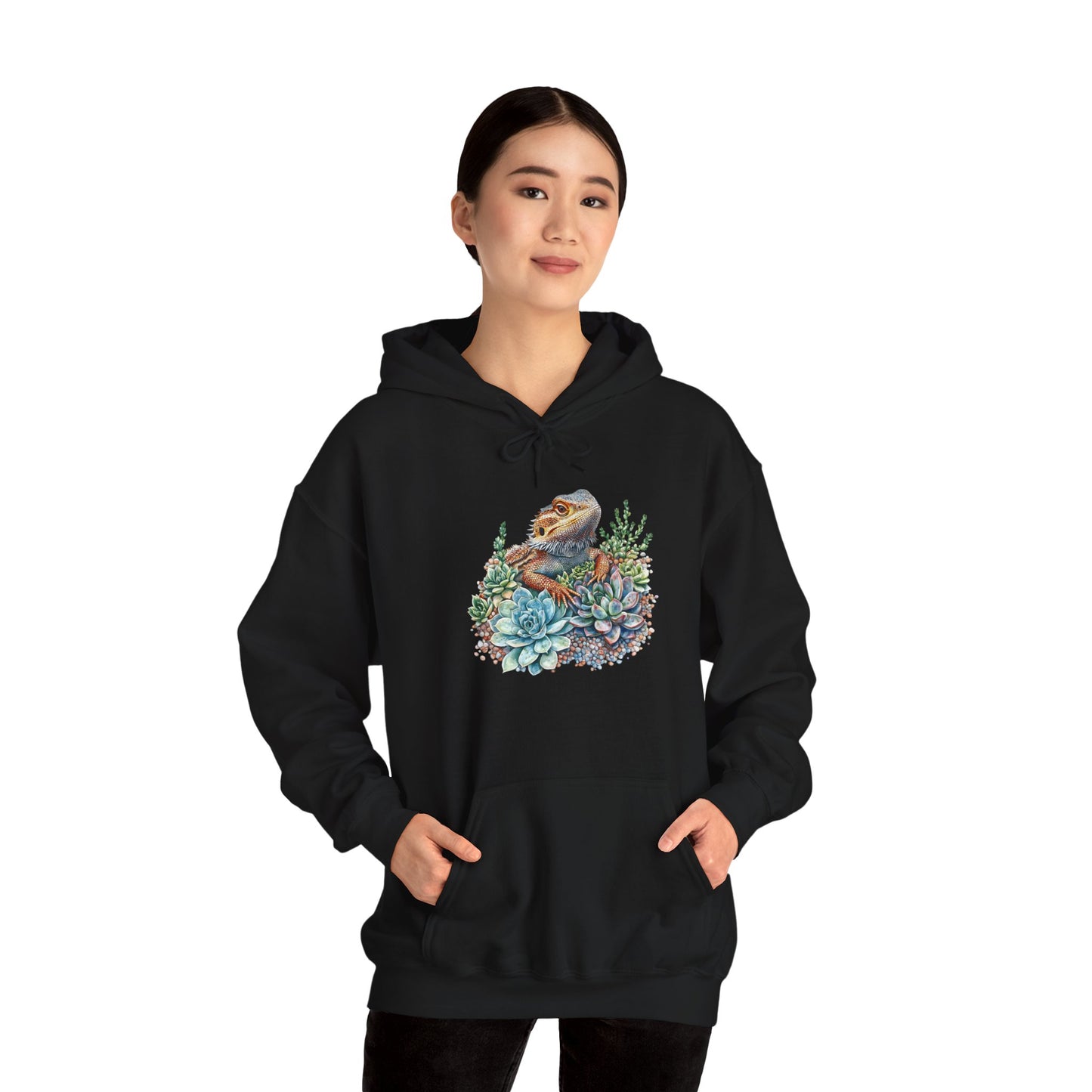 Beardie in the Succulents Unisex Hooded Sweatshirt with Bold Print - Great for Reptile Lovers