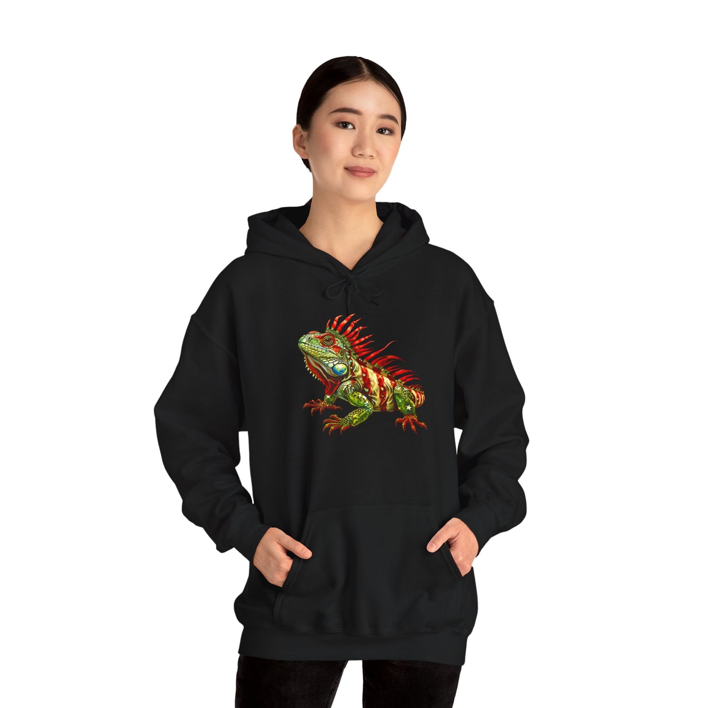 Flag Iguana Cozy Unisex Hooded Sweatshirt with Bold Print - Great for Reptile Lovers
