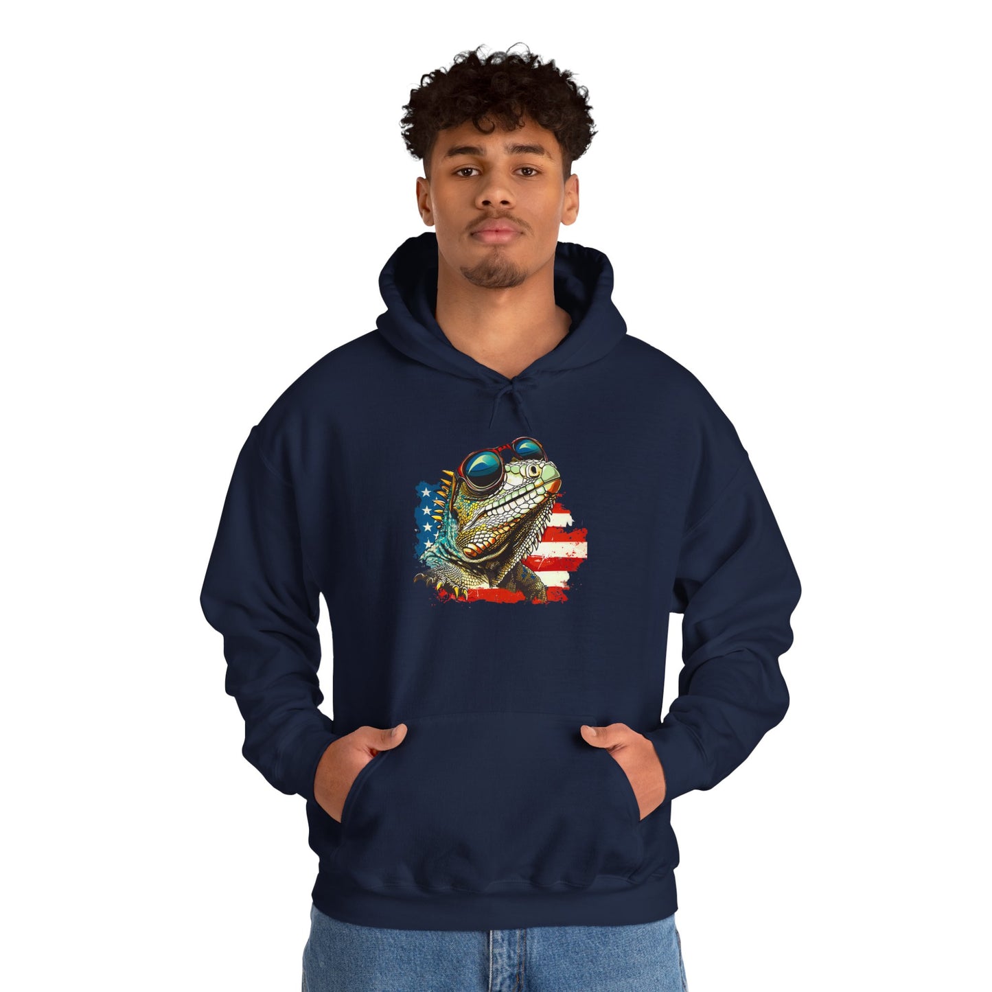 Flag Iguana Face Cozy Unisex Hooded Sweatshirt with Bold Print - Great for Reptile Lovers