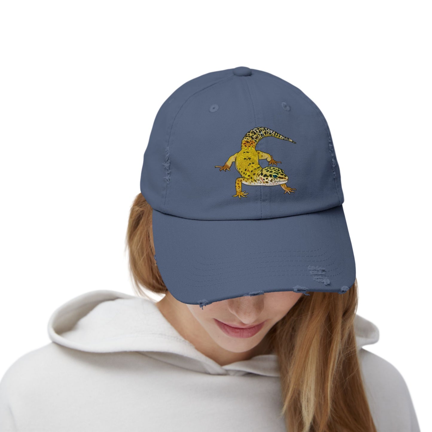 Yellow Leopard Gecko Unisex Distressed Cap - Casual Streetwear Hat for Everyday Use - Great for Reptile Lovers