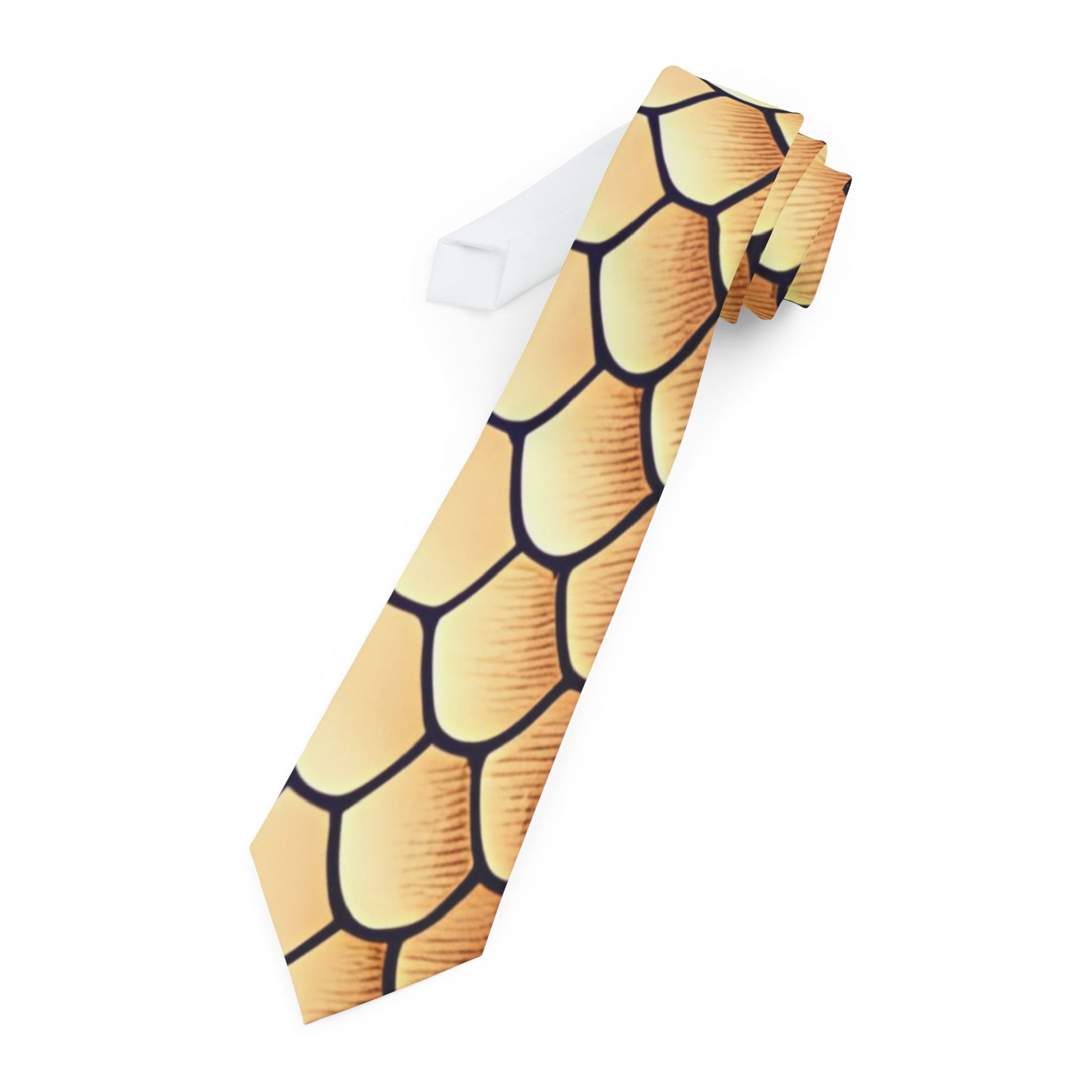 a tie with a unique, colorful pattern of overlapping circles in shades of yellow and orange.