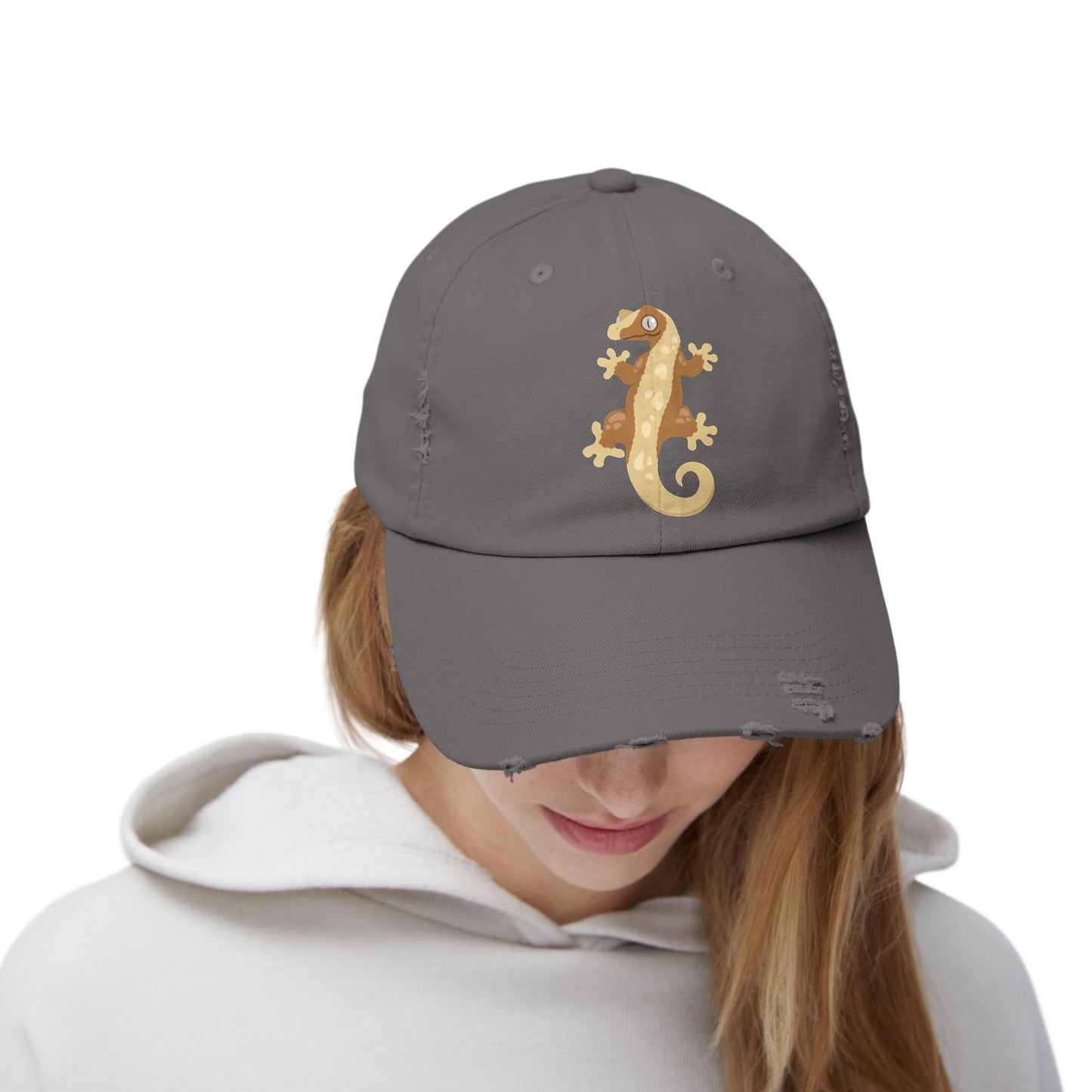 Crested Gecko Unisex Distressed Cap - Casual Streetwear Hat for Everyday Use - Great for Reptile Lovers