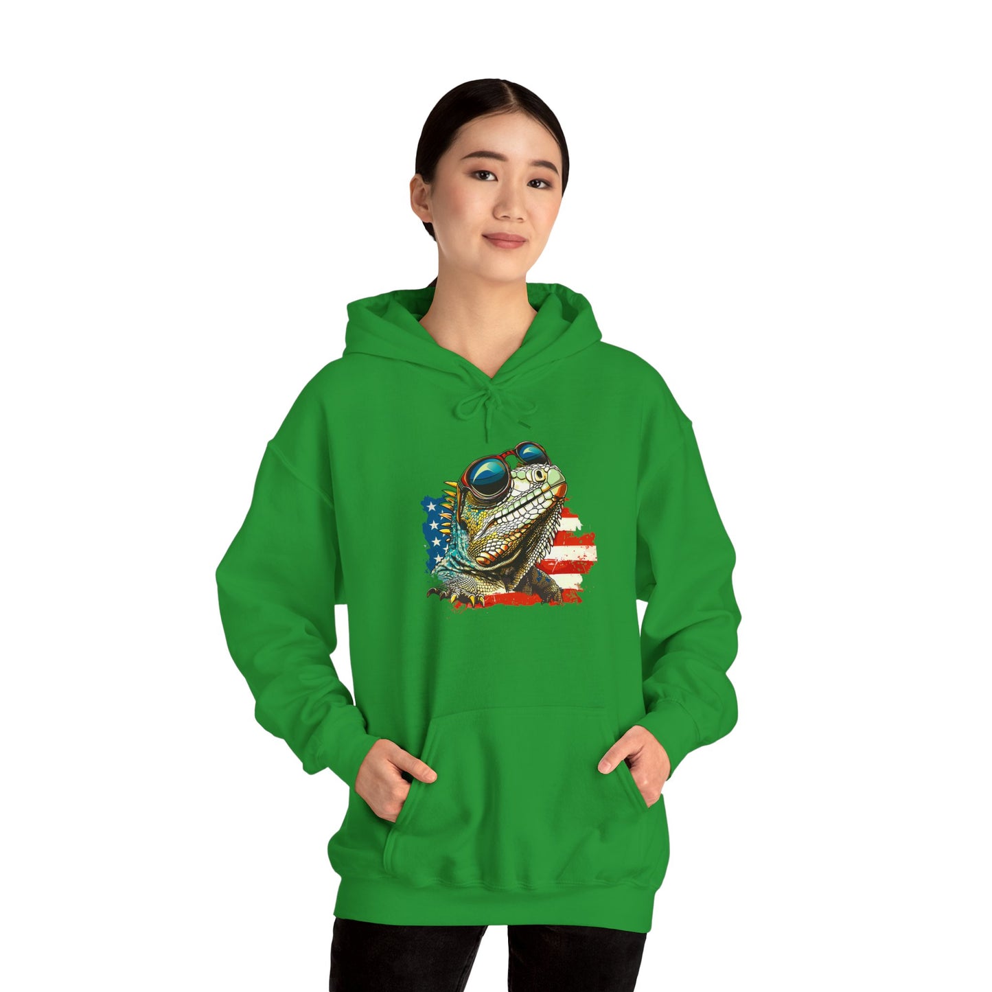Flag Iguana Face Cozy Unisex Hooded Sweatshirt with Bold Print - Great for Reptile Lovers