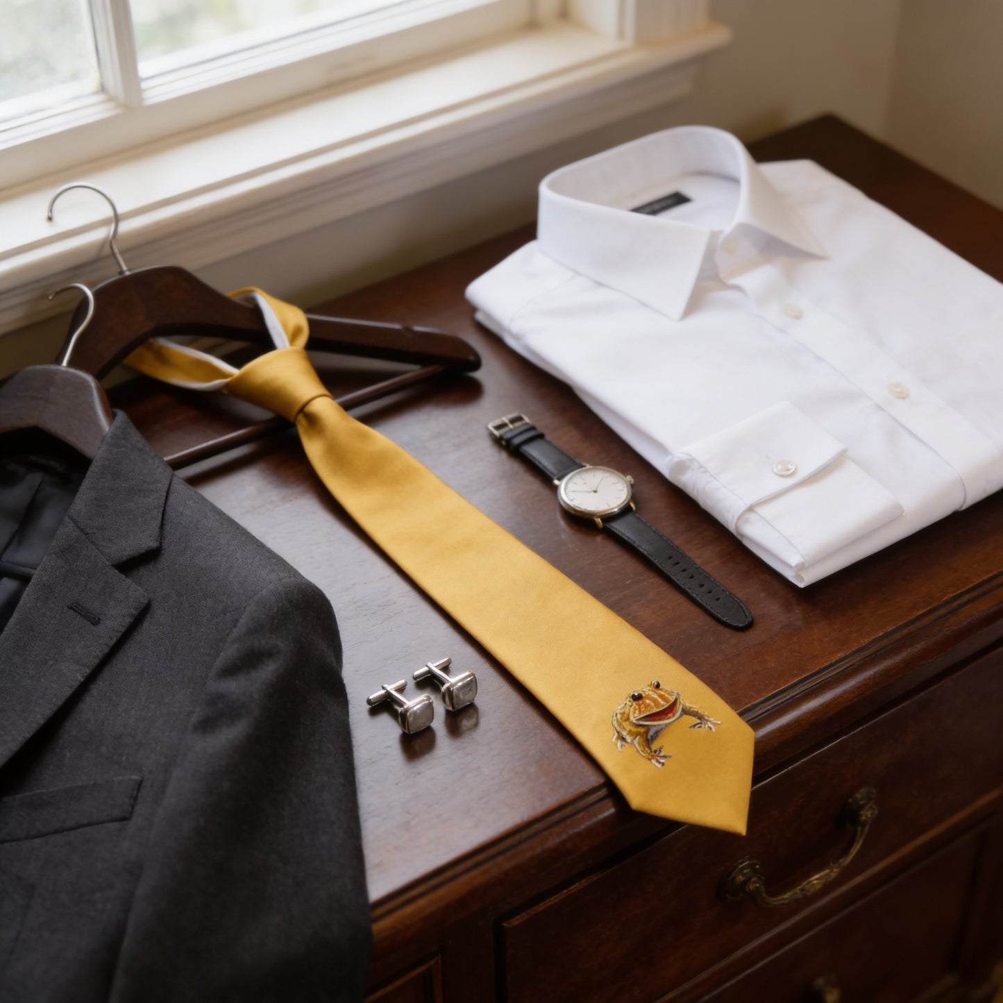 a collection of formal attire, including a suit, a yellow tie, a white dress shirt, and a watch, arranged on a wooden surface.