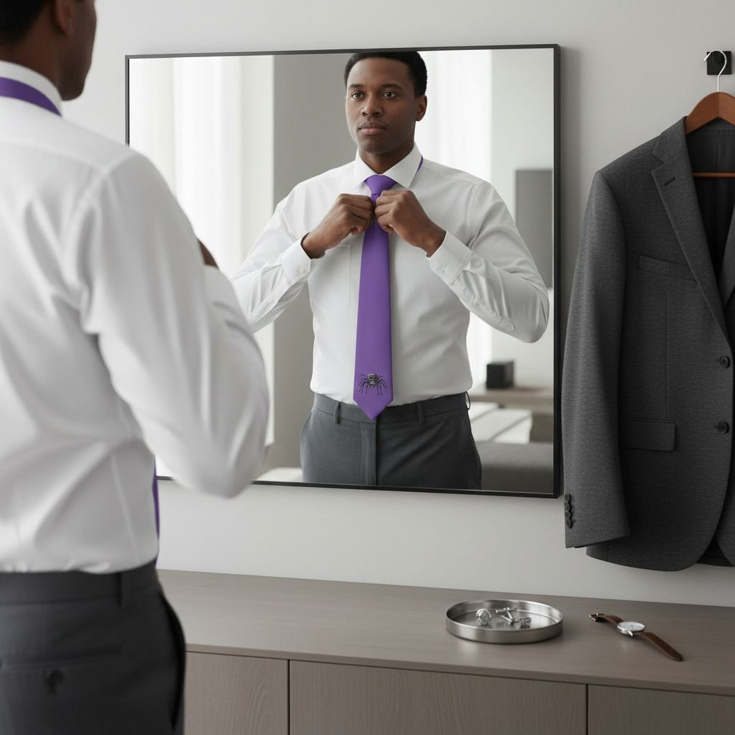 A man in a white shirt and purple tie is adjusting his tie in front of a mirror, with a gray suit jacket hanging on a hanger nearby.