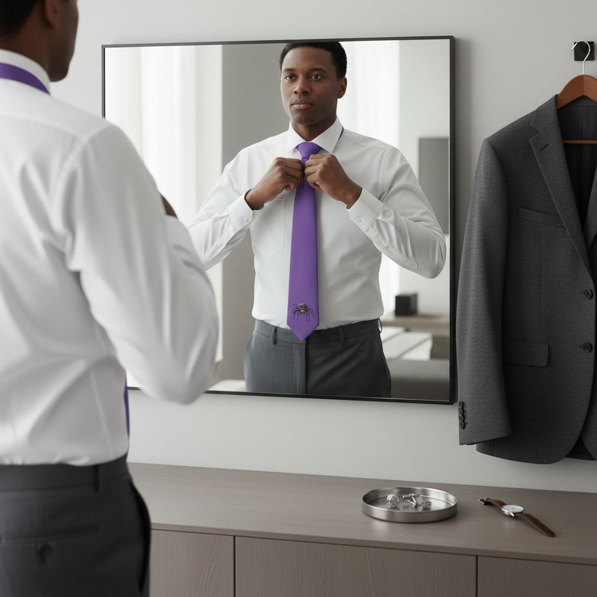 A man in a white shirt and purple tie is adjusting his tie in front of a mirror, with a gray suit jacket hanging on a hanger nearby.